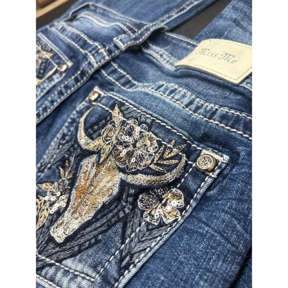 Miss Me Womens Distressed Blue Denim Jeans W26 Embellished Bull Low-Rise Bootcut - Picture 3 of 10